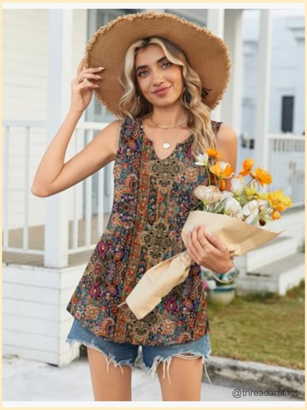 Sleeveless Tank Top Flowy Peplum V Neck Boho Beach Summer Blouse - Picture 3 of 7